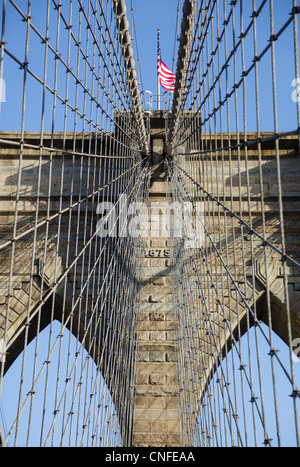 Detail of cables and wires on pier of Brooklyn Bridge in New York Stock Photo