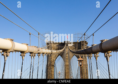 Detail of cables and wires on pier of Brooklyn Bridge in New York Stock Photo