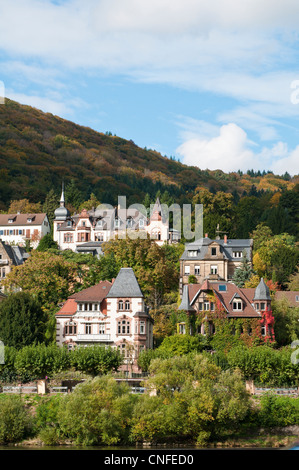 Old Houses lining the north shore of the Neckar River, Heidelberg, Germany. Stock Photo