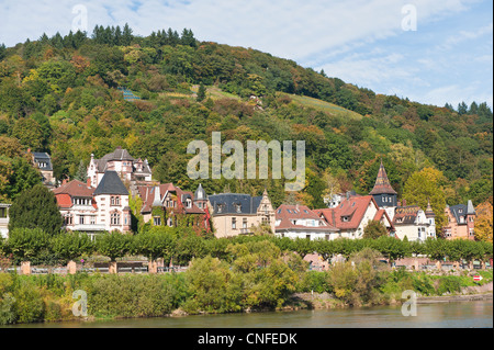 Old Houses lining the north shore of the Neckar River, Heidelberg, Germany. Stock Photo