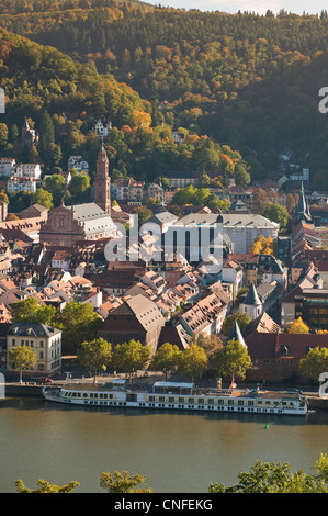 VIew of Heidelberg's Old Town with river ship on the Neckar River from the Philosophenweg, Heidelberg, Germany. Stock Photo
