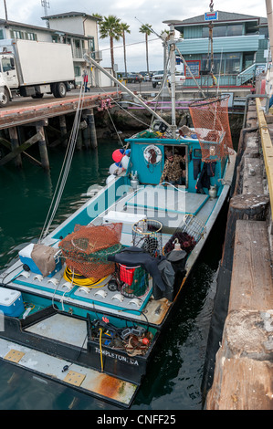 Local fishermen and their fishing boats, unloading sea urchins for sale at the Santa Barbara Harbor, California, U.S.A Stock Photo