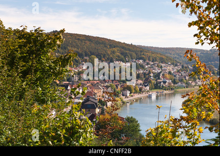 View of the Neckar River and Neckarsteinach (near Heidelberg) from Hinterburg Castle, Germany. Stock Photo