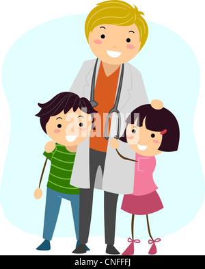 Illustration of Children Clinging on to a Pediatrician Stock Photo