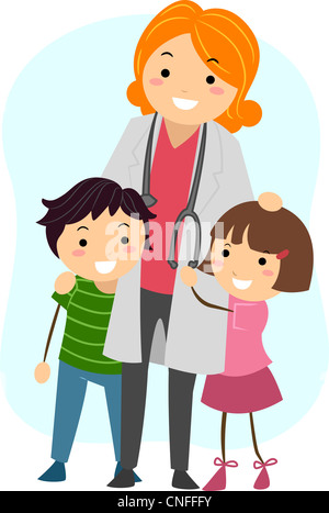 Illustration of Children Clinging on to a Pediatrician Stock Photo