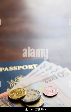 Euro dollar currency and change with travel passport Stock Photo