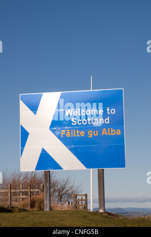 A 'Welcome To Scotland' sign at the Scottish border, on the A68 coming through Northumberland, England. Stock Photo