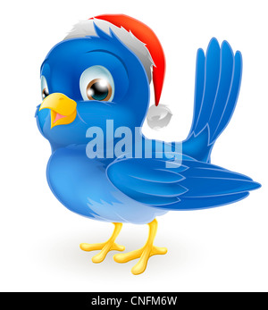 A cartoon blue bird in Christmas Santa hat illustration Stock Photo