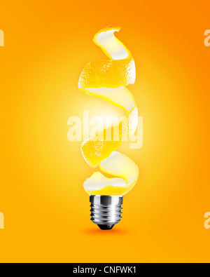 light bulb made from orange peel, light bulb conceptual Image. Stock Photo