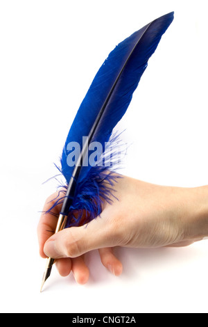 Blue quill pen over white Stock Photo