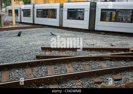 Newly laid tram tracks Dusseldorf Germany Stock Photo