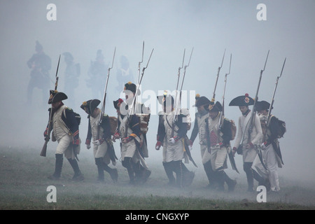 French troops. Re-enactment of the Battle of Austerlitz (1805) at Santon Hill near the village of Tvarozna, Czech Republic. Stock Photo