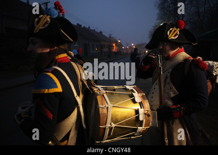 French soldiers in the village of Tvarozna, Czech Republic. Re-enactment of the Battle of Austerlitz (1805). Stock Photo