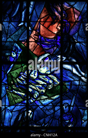 Detail of the stained-glass windows by March Chagall in the Notre-Dame Cathedral in Reims, France. Stock Photo