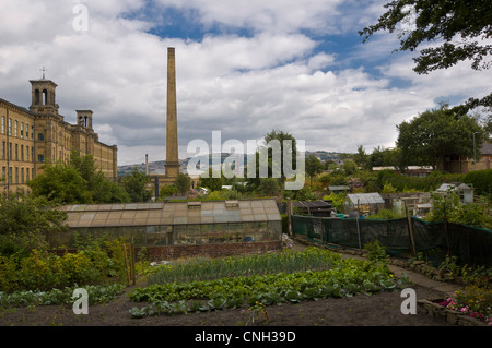 Allotments in the village of Saltaire in the city of leeds bradford in west yorkshire with the chimney stack and the mill Stock Photo