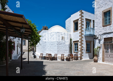 Europe Greece, Dodecanese,Patmos, the central square of the Chora village Stock Photo