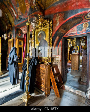 Europe Greece, Dodecanese,Patmos,nuns in the Agios Joannis Theologos Monastry Stock Photo