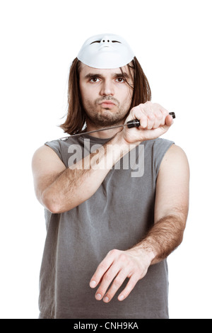 Scary horror man assaulting with knife, isolated on white background. Stock Photo