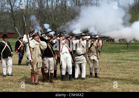 A re-enactment of the American Revolution's Continental Army shooting in Jockey Hollow - Morristown National Historic Park, NJ Stock Photo