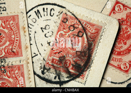 Old Russian postcards with two headed eagles in the stamps. Stock Photo