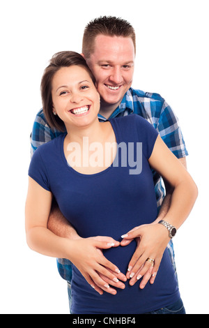 Portrait of happy pregnant woman with her husband, isolated on white background. Stock Photo