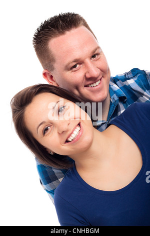 Portrait of young happy couple, isolated on white background. Stock Photo