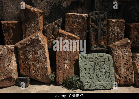 Medieval khachkars in front of the Surb Arakelots Church in Sevanavank Monastery on Sevan Lake in Armenia.