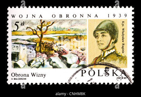 Postage stamp from Poland depicting the defense of Wizny and Captain Wladyslaw Raginis. Stock Photo