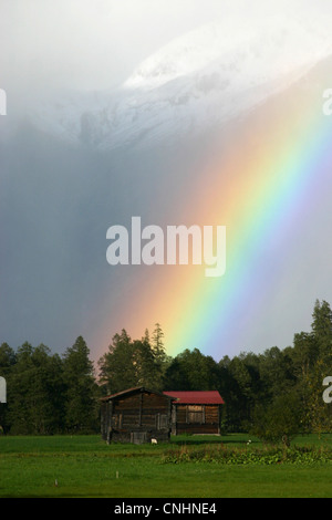 A mountain hut and rainbow, Rhone Glacier, Valais Canton, Switzerland Stock Photo