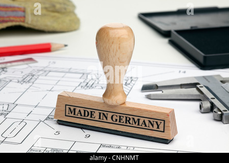 A MADE IN GERMANY rubber stamp on a blueprint Stock Photo