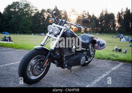 A motorcycle parked in a parking space at a park Stock Photo