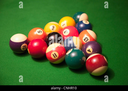 Racked pool balls on a green felt pool table Stock Photo