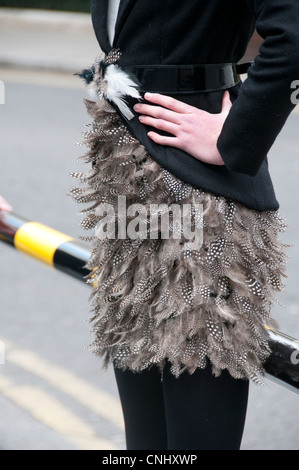 London Alternative Fashion Week 2012 .Model wearing skirt of feathers. Stock Photo