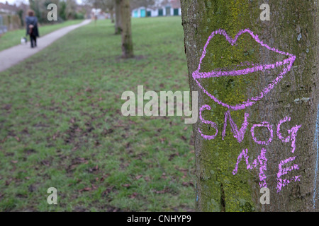 Lips and 'snog me' drawn on a tree trunk in park Stock Photo