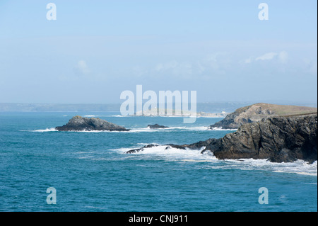 View from Kelsey Head across to The Chick, Pentire Point West and Pentire Point East, North Cornwall Coast, England, UK Stock Photo