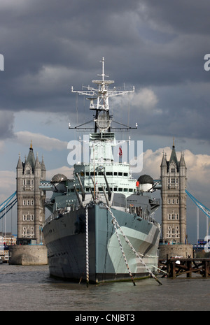 HMS Belfast is a museum ship, originally a Royal Navy light cruiser, permanently moored in London on the River Thames near Tower Stock Photo