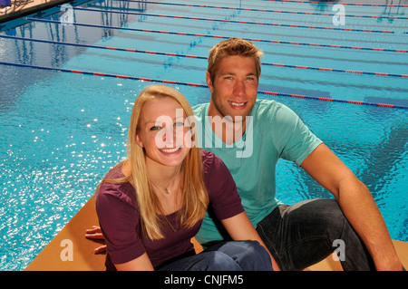 U.S. National Swim Team members Matt Grevers, (right), and Annie Chandler got engaged at a swim meet in Columbia, Missouri, USA. Stock Photo