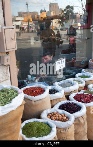 Middle East Israel Jerusalem Yafo near Mehane Yehuda market - man having coffee in a cafe spices outside Stock Photo