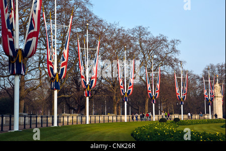 Union flags in the Queen Victoria Memorial Garden beside Buckingham Palace and Green Park London England UK Stock Photo