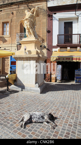 A dog lies asleep before a statue in the square at Marsaxlokk, Malta, Europe Stock Photo