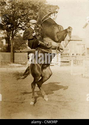 Rider Hanging Onto a Rearing Bronco Stock Photo