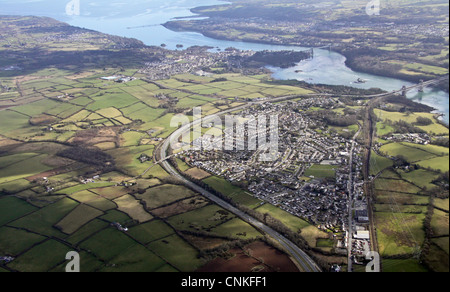 Aerial view of Llanfair Pwllgwyngyll on Anglesey looking east towards the Menai Bridges Stock Photo