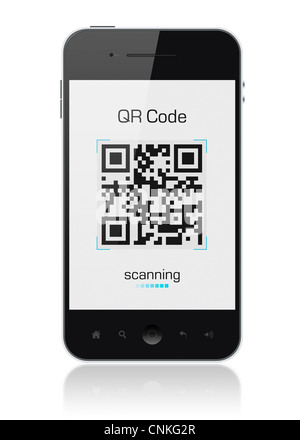 Modern mobile smartphone showing QR code scanner on the screen. Include clipping path for phone and screen. Stock Photo