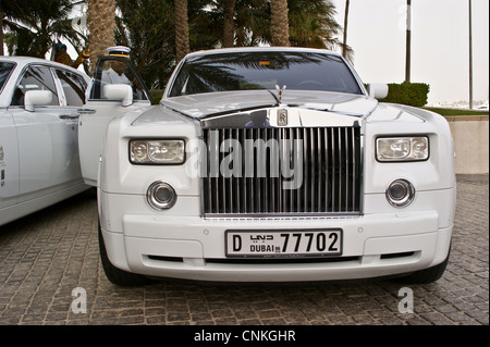 Chauffeur- driven Rolls-Royce Phantom at Burj Al Arab Hotel, Jumeirah, Dubai, United Arab Emirates Stock Photo