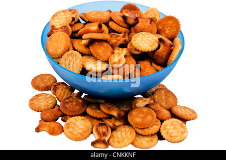 Salted crackers in the blue cup Stock Photo