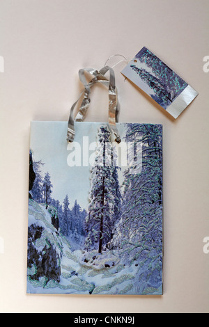 Christmas gift bag giftbag and matching gift tag with glittery trees in snow with handles isolated on white background Stock Photo