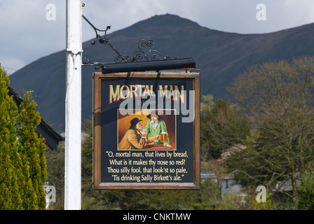 Sign for the Mortal Man pub in the village of Troutbeck, Lake District National Park, Cumbria, England UK Stock Photo