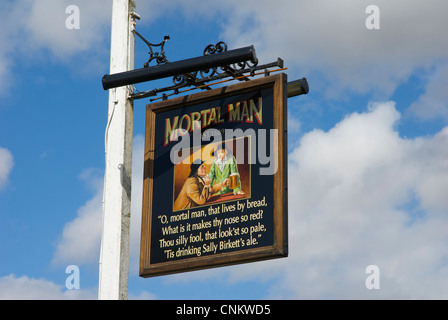 Sign for the Mortal Man pub in the village of Troutbeck, Lake District National Park, Cumbria, England UK Stock Photo