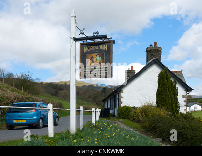 Sign for the Mortal Man pub, in the village of Troutbeck, Lake District National Park, Cumbria UK Stock Photo