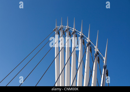 Detail of the MediaCityUK swing footbridge over the Manchester Ship Canal, Salford Quays, Manchester, UK Stock Photo